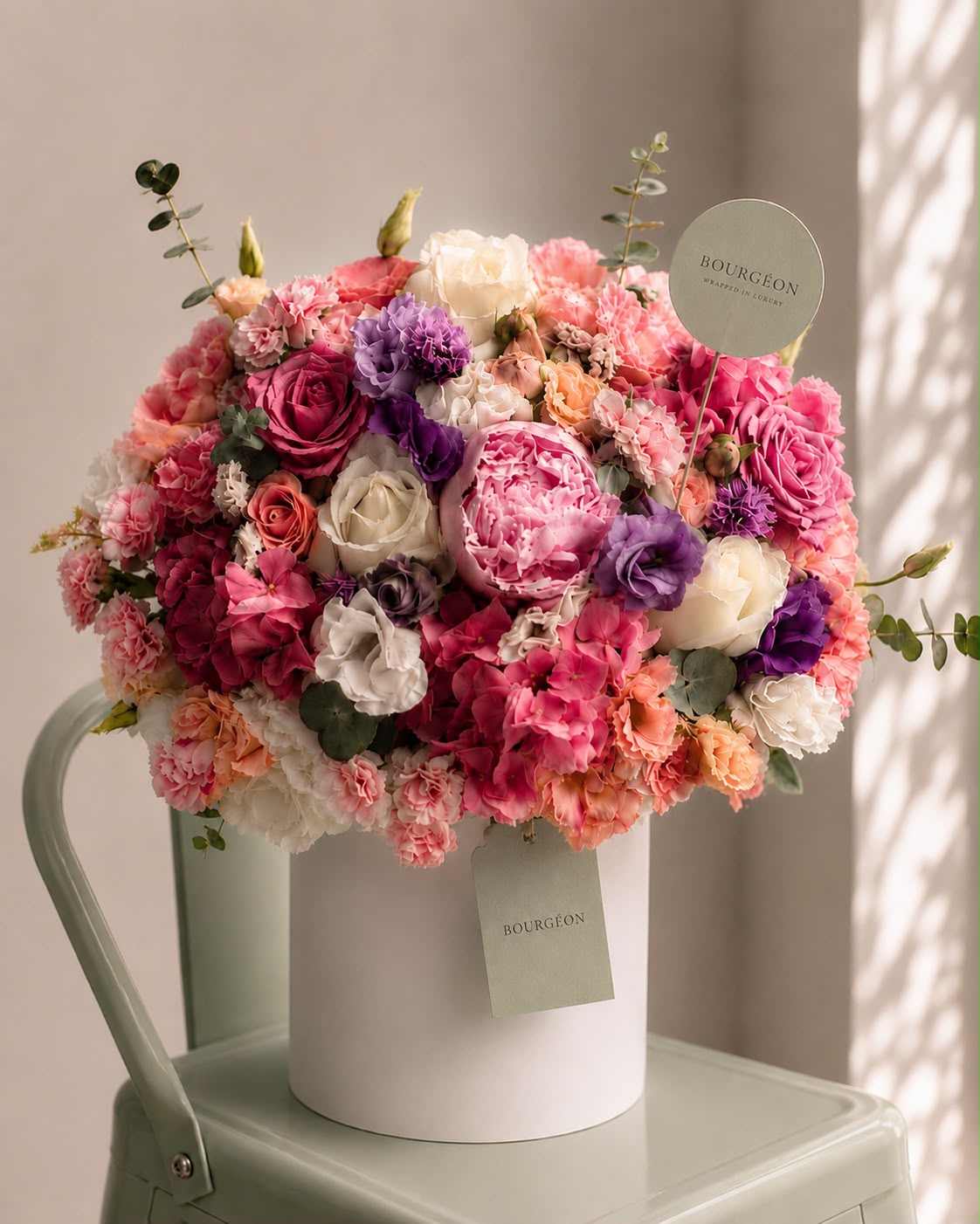 Éclat pink and purple flower vase roses peonies lisianthus Bahrain - Bourgéon