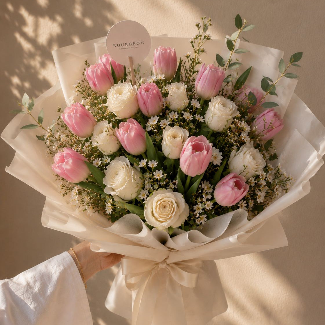 Blush d'Amour pink tulip and rose bouquet Bahrain - Bourgéon flower delivery