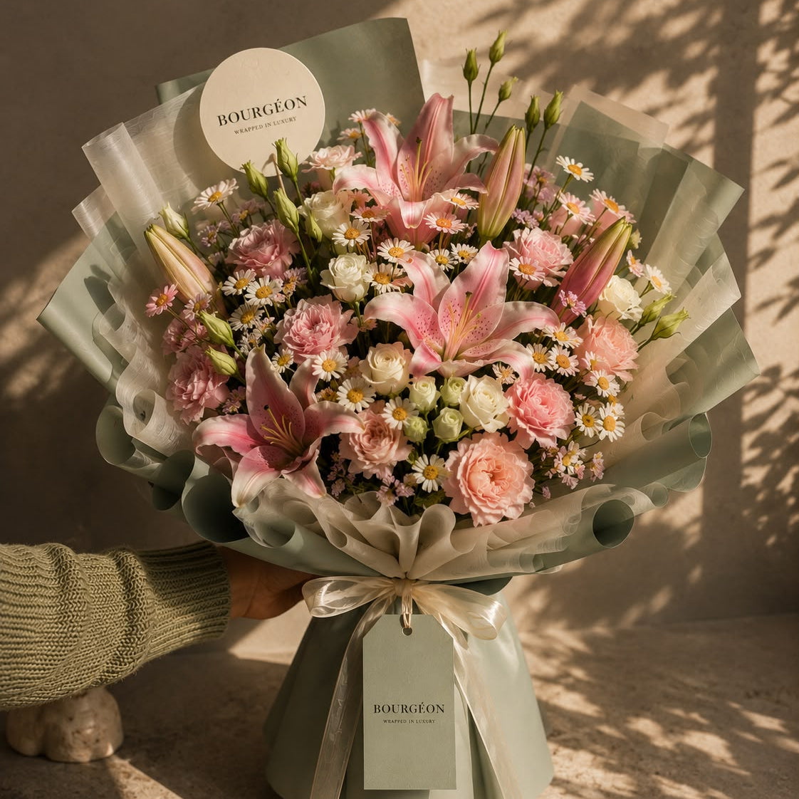 Douceur pink lily and rose hand bouquet Bahrain - Bourgéon flower delivery